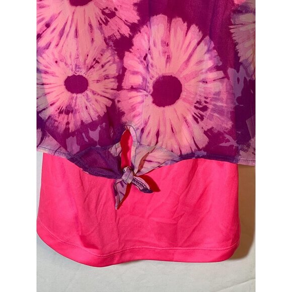 Lei shirt layered tank top under flowers tie at bottom polyester pink  XLREAD - Picture 2 of 10